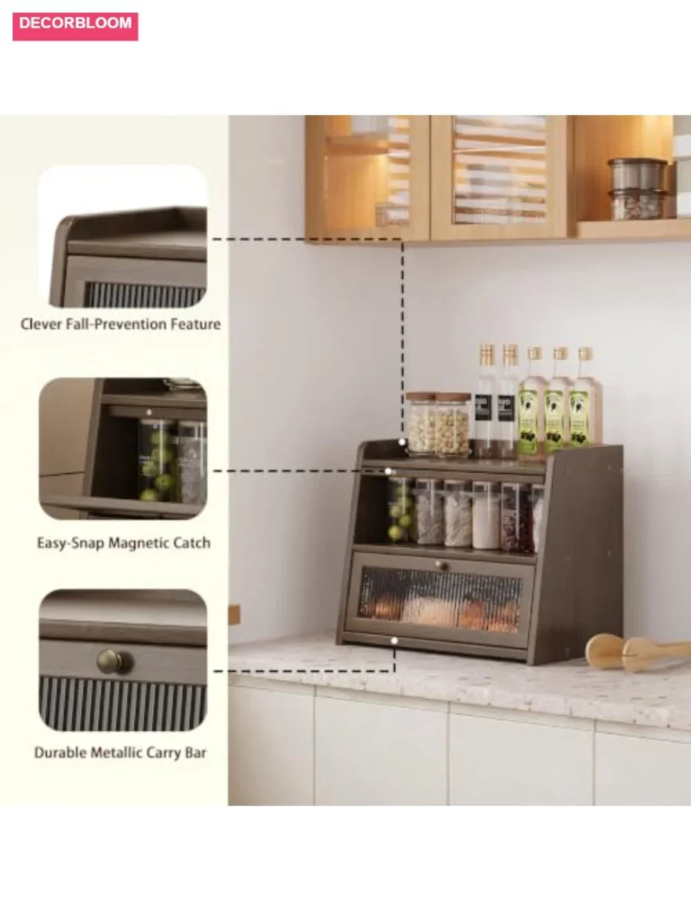 Large Bamboo Bread Box Acrylic Wavy Door Kitchen Countertop Storage